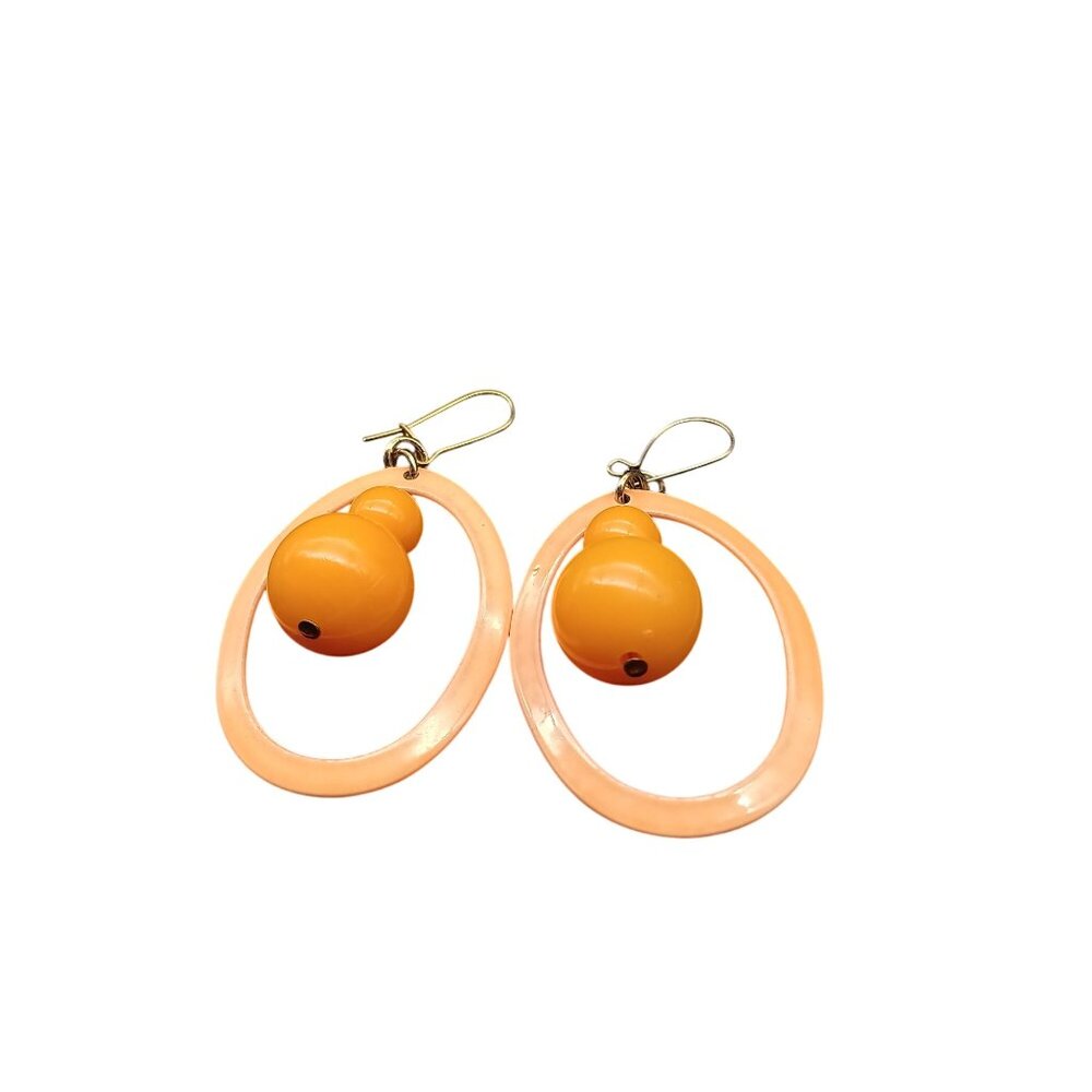 Vintage Orange Dangle Earrings with Oval Enamel Frame & Bead Accents - Picture 4 of 5
